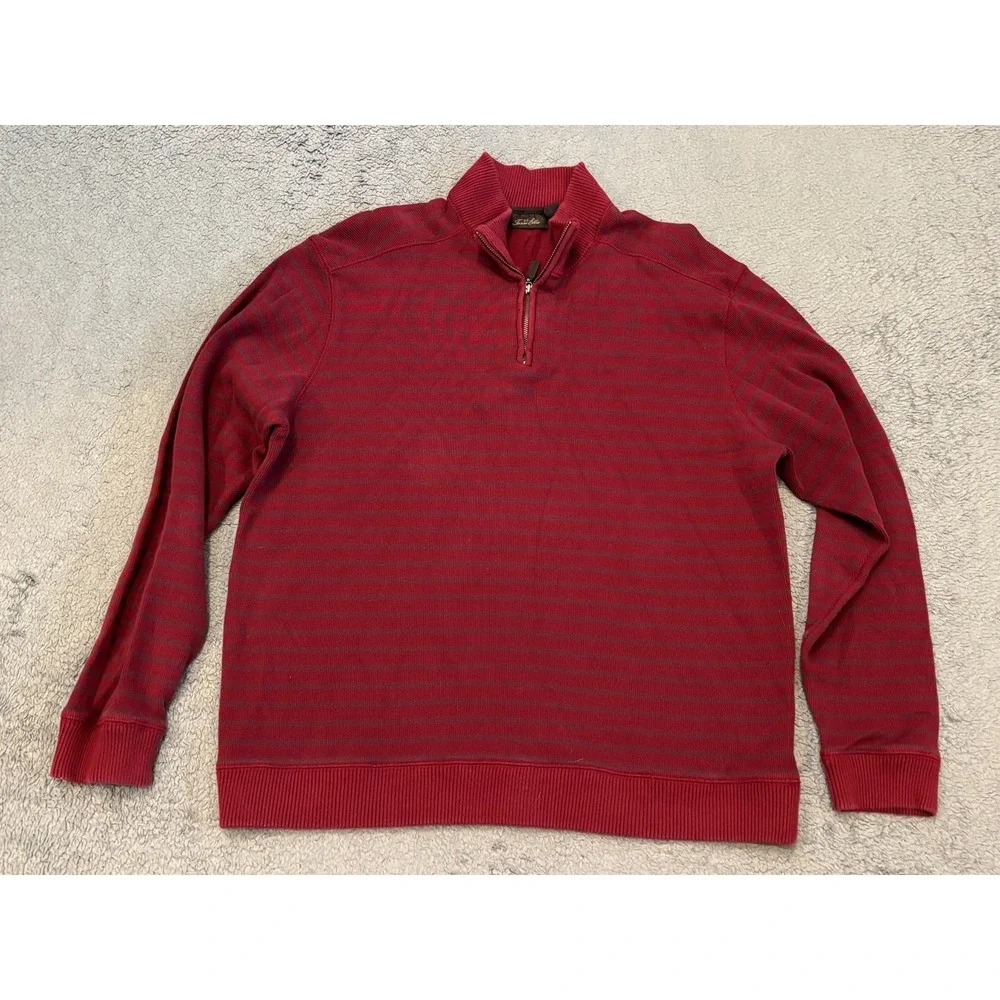 Tasso Elba Sweater 1/4 Zip 100% Cotton Mens Large Maroon Knit Striped Pullover